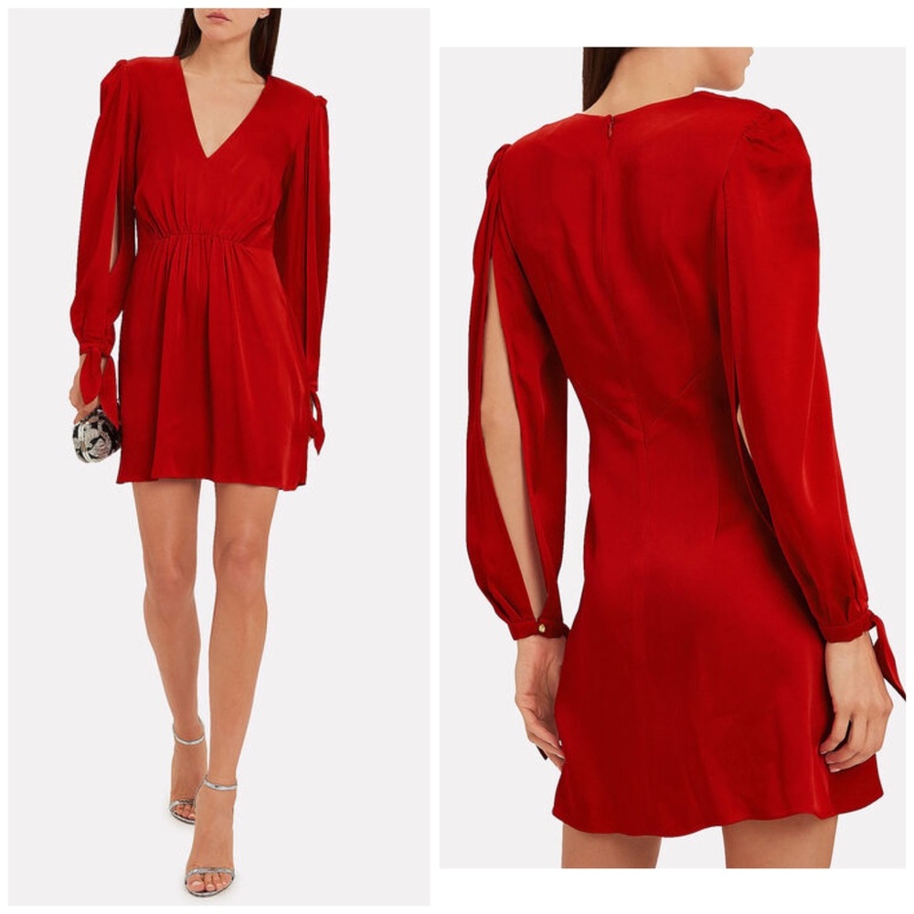 NWT Haney Red Split Sleeve Gathered Satin Dress - Picture 9 of 16